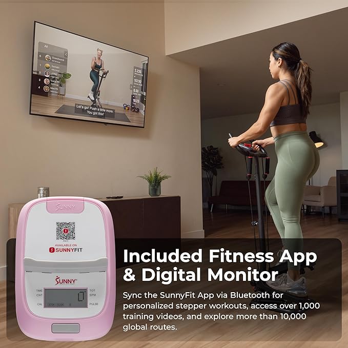 Sunny Health & Fitness Total Body 2-in-1 Smart Stepper Machine for Home with Handlebar and