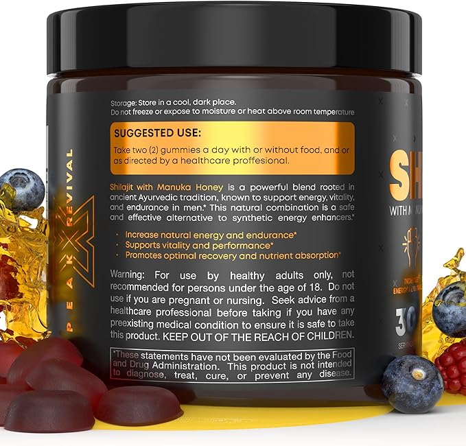 Peak Revival Shilajit Gummies with Manuka Honey, Mixed Berry Flavor, 60 Count, 100mg per Serving
