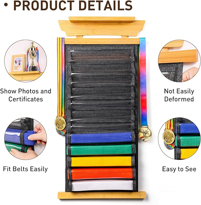 Tilhumt 12/10 Belts Karate Belt Display Rack with Stickers, Taekwondo Belt Display with