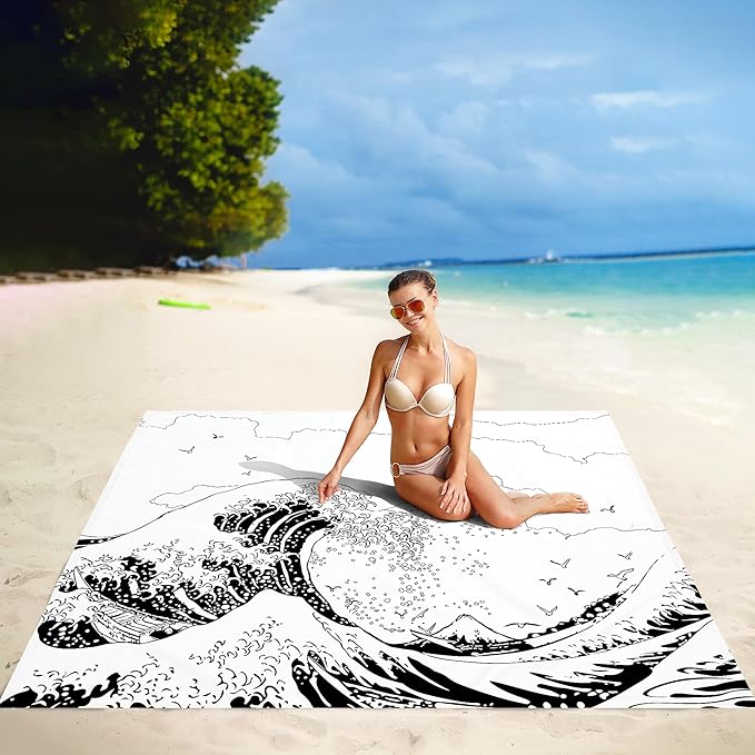 Beach Blanket, Waterproof Sandproof Beach Mat with 4 Stakes & 4 Pockets, 78''×86'' Lightweight