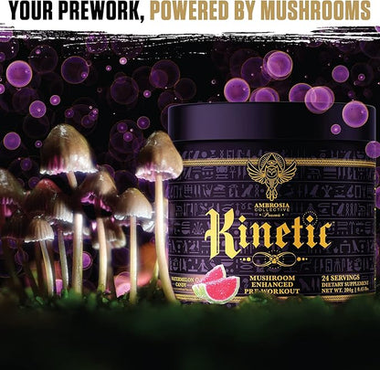 Ambrosia Kinetic Organic Preworkout, Mushroom Enhanced Natural Pre Workout Supplement, Nootropic