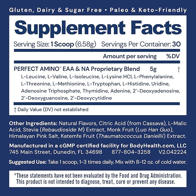 BodyHealth PerfectAmino Powder - BCAA and EAA Powder for Pre and Post Workout - Amino Acid Energy