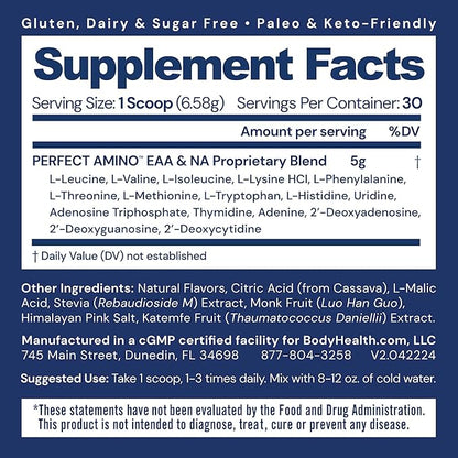 BodyHealth PerfectAmino Powder - BCAA and EAA Powder for Pre and Post Workout - Amino Acid Energy