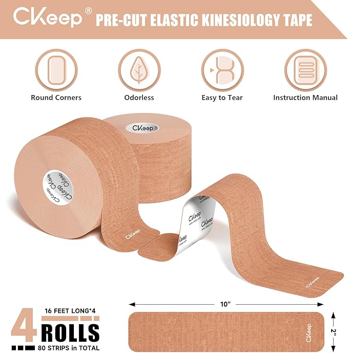 CKeep 4 Rolls Kinesiology Tape, Original Cotton Elastic Athletic Tape, 20 Precut 10" Strips Each