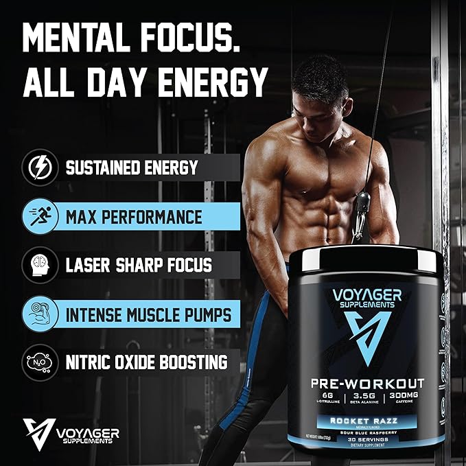 Voyager Pre-Workout Rocket Razz ??Creatine-Free Powder w/L-Citrulline, Beta-Alanine, Caffeine