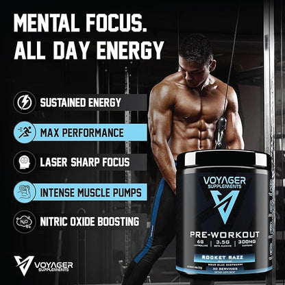 Voyager Pre-Workout Rocket Razz ??Creatine-Free Powder w/L-Citrulline, Beta-Alanine, Caffeine