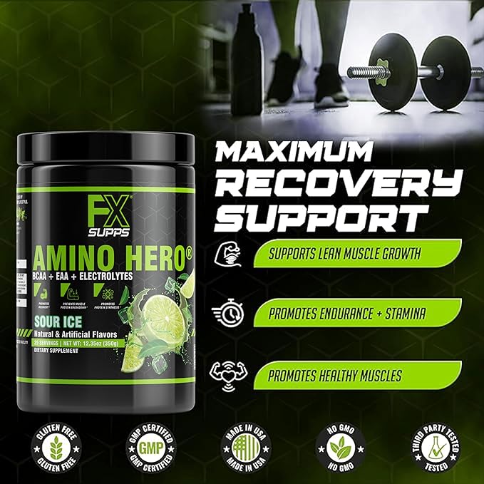 FXSUPPS Amino Hero Sour Ice Flavor (25 Servings) | Post-Workout Recovery Drink for Men and Women |