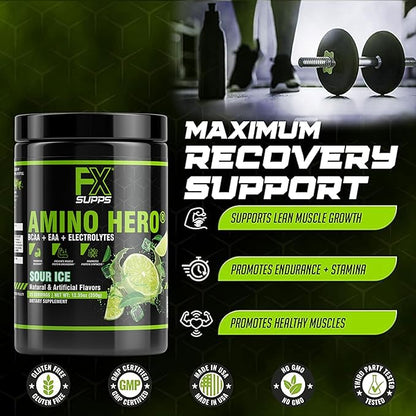 FXSUPPS Amino Hero Sour Ice Flavor (25 Servings) | Post-Workout Recovery Drink for Men and Women |