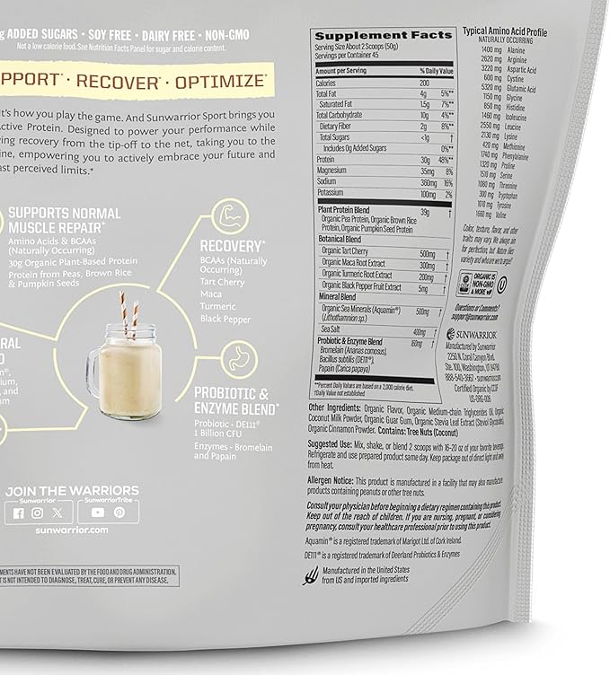 Sunwarrior Organic Plant Based Protein Powder | Vegan Organic Protein Powder with BCAA Amino Acids