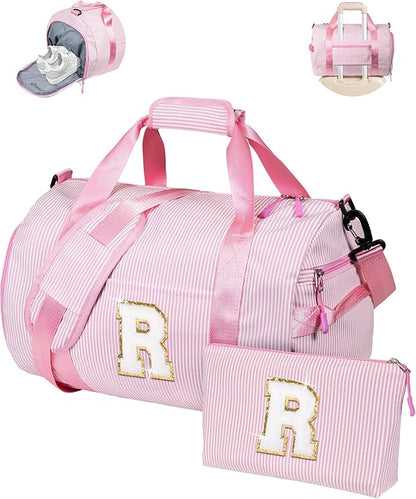 Teen Girls Birthday Gifts, Girl Gym Bag, Kids Initial Overnight Duffel Bags with Shoe Compartment