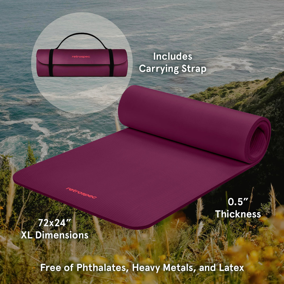 Retrospec Solana Yoga Mat 1/2" Thick w/Nylon Strap for Men & Women - Non Slip Excercise Mat for