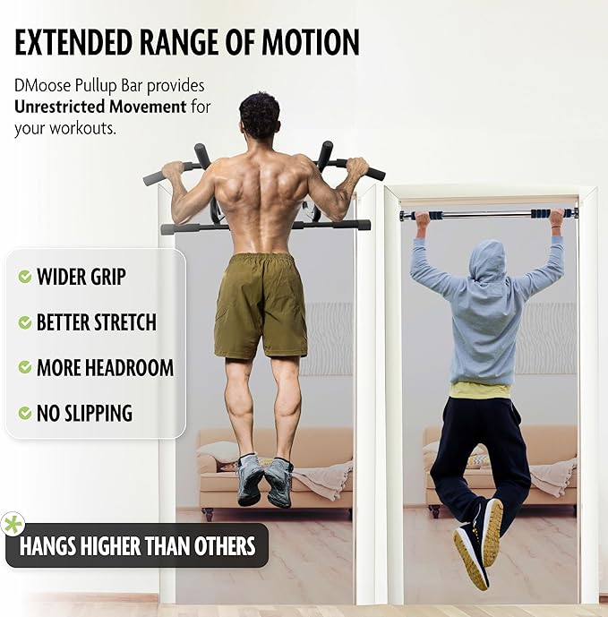 DMoose Fitness Pull Up Bar for Doorway - Upto 250 Lbs Capacity, No Screwing or Slipping, Hanging