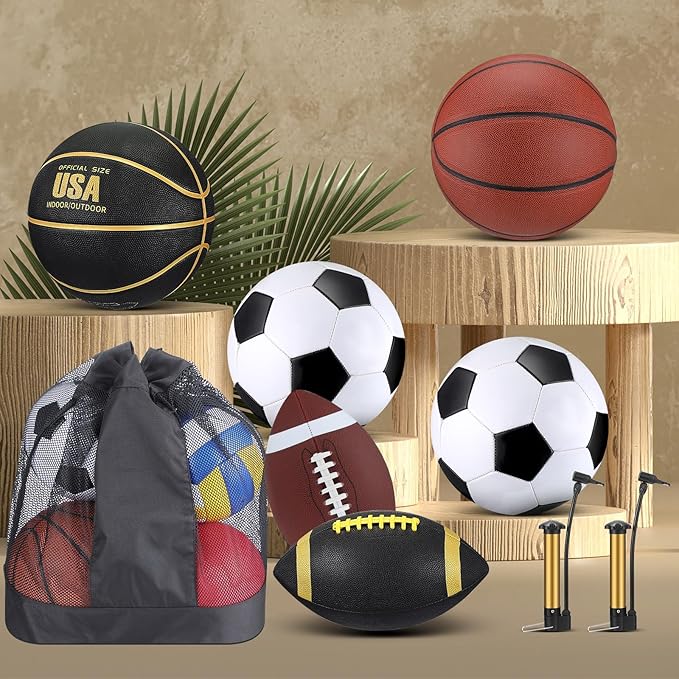 Sratte 6 Pcs Sports Balls Set for Kids Teens Adults Official Size Football Soccer Basketball with