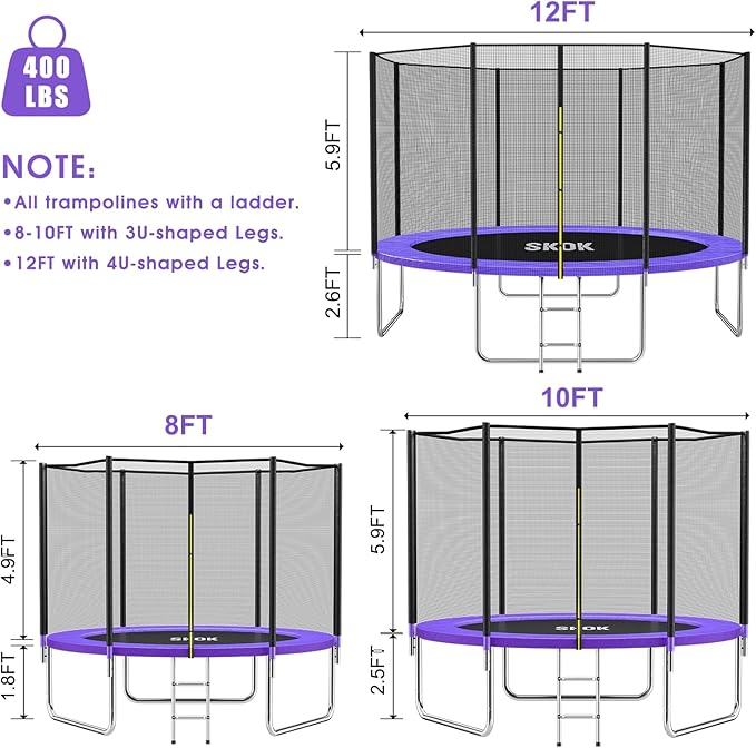 SKOK Trampoline 8FT 10FT 12FT 14FT 15FT Trampolines with Enclosure Net, 400LBS Outdoor Trampolines