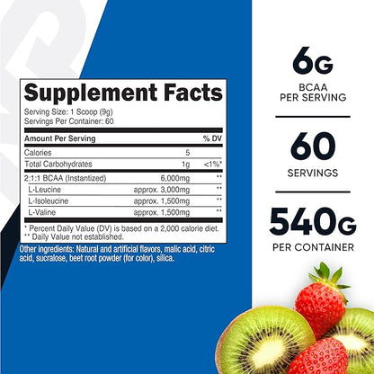 Nutricost BCAA Powder (Strawberry Kiwi) 60 Servings - Optimal 2:1:1 Ratio