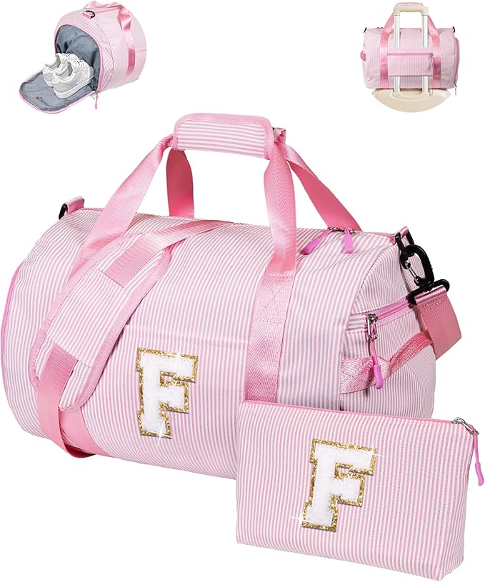 Easter Basket Essentials, Girl Gym Bag, Kids Initial Overnight Duffel Bags with Shoe Compartment