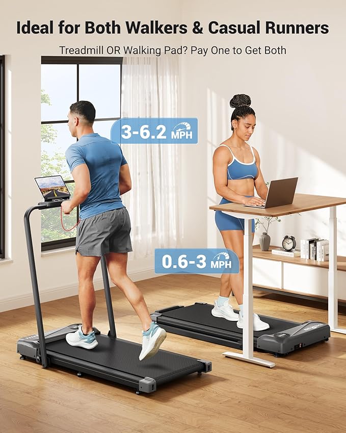 THERUN Walking Pad, 2 in 1 Foldable Treadmills for Home, 2.5HP Under Desk with Handle Bar, 16"
