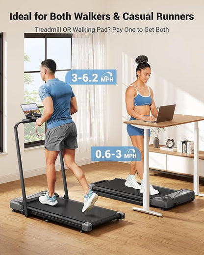 THERUN Walking Pad, 2 in 1 Foldable Treadmills for Home, 2.5HP Under Desk with Handle Bar, 16"