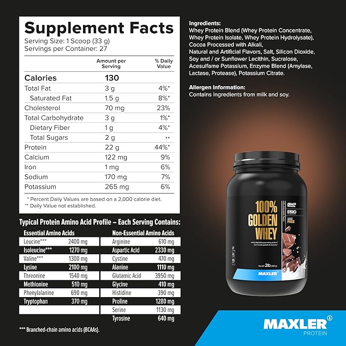 Maxler 100% Golden Whey Protein - 22g Protein per Serving - Premium Whey Protein Powder for Pre