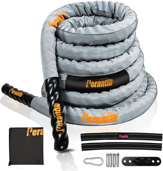Perantlb Poly Battle Rope with Cloth Sleeve -1.25/1.5/2 Inch Diameter 30' 40' 50' Lengths -Gym