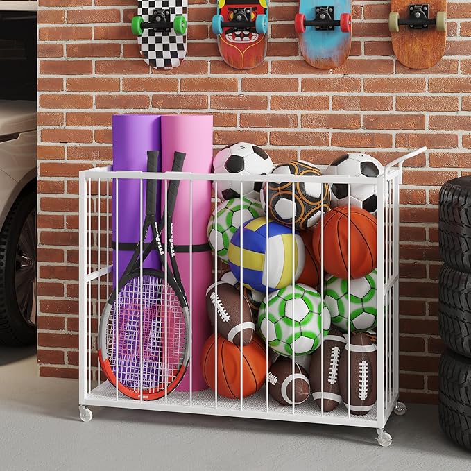 Ball Storage Bin Rolling Sports Ball Cart, Metal Garage Organizer Sport Rack, Ball Basket Storage