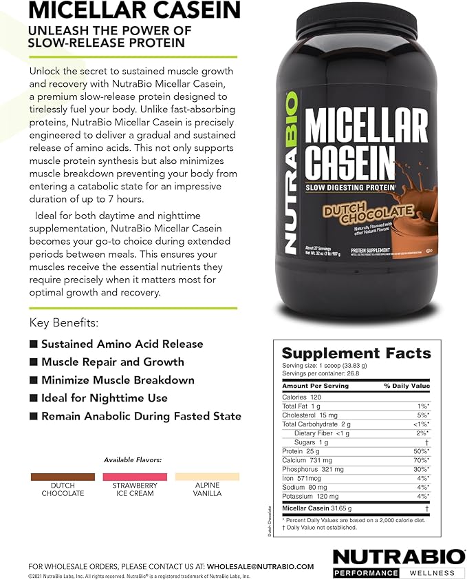 NutraBio Casein Protein Powder, Micellar Casien Powder, 25g Slow Digesting Protein, Helps Keep You