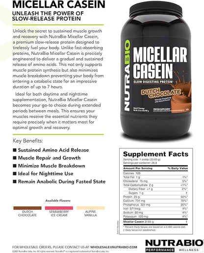 NutraBio Casein Protein Powder, Micellar Casien Powder, 25g Slow Digesting Protein, Helps Keep You
