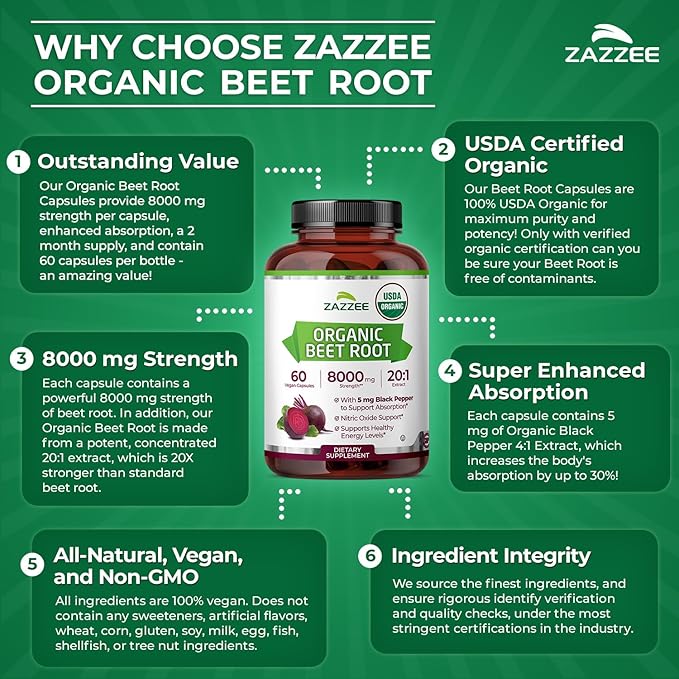 Zazzee USDA Organic Beet Root 8000 mg Strength 20:1 Extract, 60 Vegan Quick Release Capsules, Black