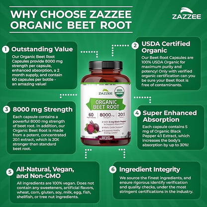 Zazzee USDA Organic Beet Root 8000 mg Strength 20:1 Extract, 60 Vegan Quick Release Capsules, Black
