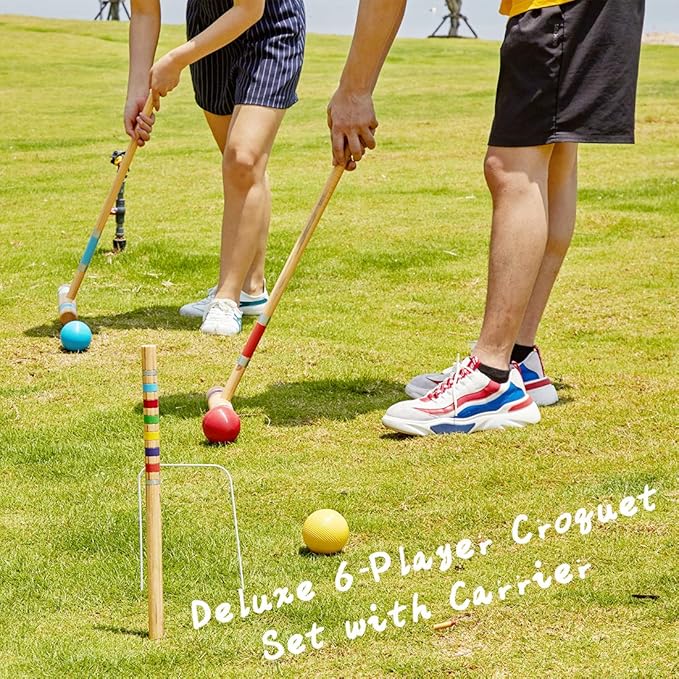 ApudArmis Six Player Croquet Set with Premiun Rubber Wooden Mallets 28In,Colored