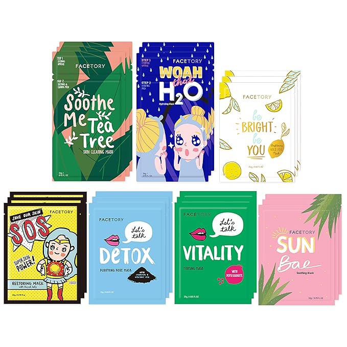 FACETORY K Beauty Face Mask Skin Care - BEST OF 7 COLLECTION Sheet Mask Set (21 pc) | Natural