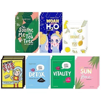 FACETORY K Beauty Face Mask Skin Care - BEST OF 7 COLLECTION Sheet Mask Set (21 pc) | Natural