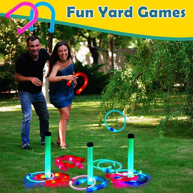 Liliful 20 Pcs Ring Toss Glow in Dark Games Valentines Outdoor Ring Toss Games with LED Yard Ring