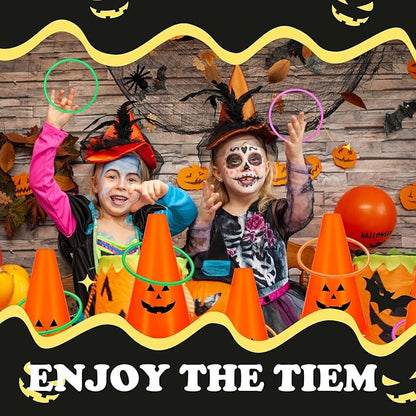 24 PcsHalloween Ring Toss Game Outdoor Carnival Party Games Include 6 Plastic Cones 18 Toss Rings