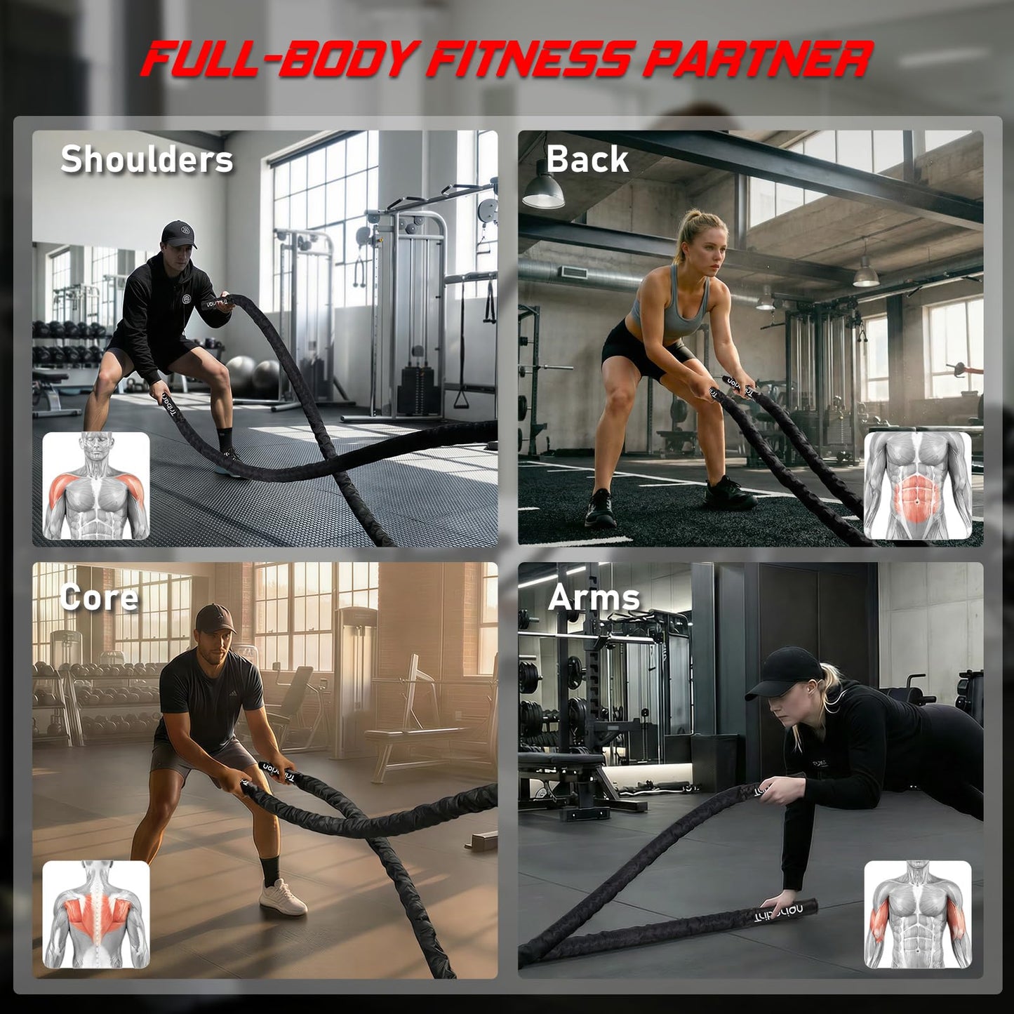 Battle Rope For Home Gym Workout - 1.26 Inch 30ft Heavy Weighted Training Exercise Ropes Fitness