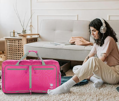 Bago Foldable Duffel Bags for Traveling Women & Men - 60L Medium Packable Duffle Bag for Travel with Shoe Compartment - Water Repellant, Heavy Duty, Lightweight Folding & Collapsible (Pink)