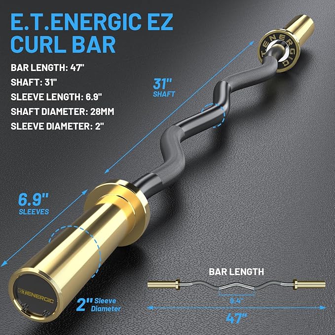 47" Olympic EZ Curl Bar 500-lbs Capacity Steel Barbell Suitable for 2" Weight Plates, 2-Inch Curl