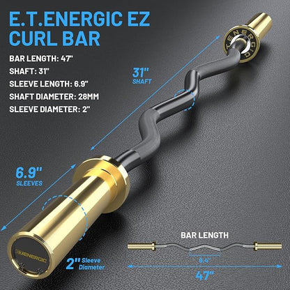 47" Olympic EZ Curl Bar 500-lbs Capacity Steel Barbell Suitable for 2" Weight Plates, 2-Inch Curl