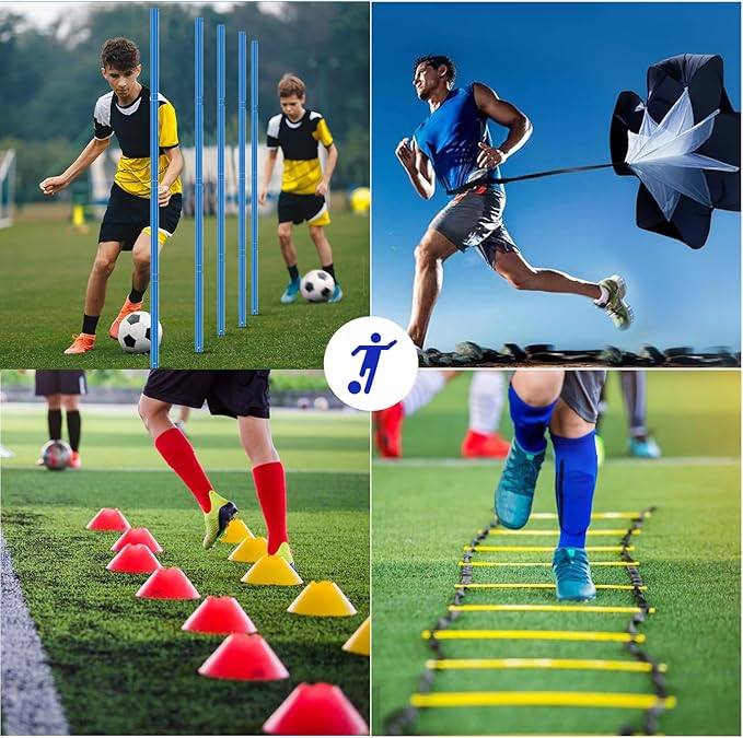 Speed & Agility Training Equipment-20ft Agility Ladder, 6 Poles, 12 Soccer Cones, Resistance