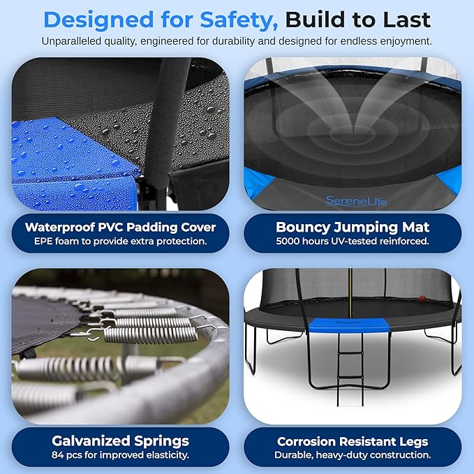 SereneLife 8FT 10FT 12FT 14FT Outdoor Trampoline for Kids - Recreational Backyard Trampoline with