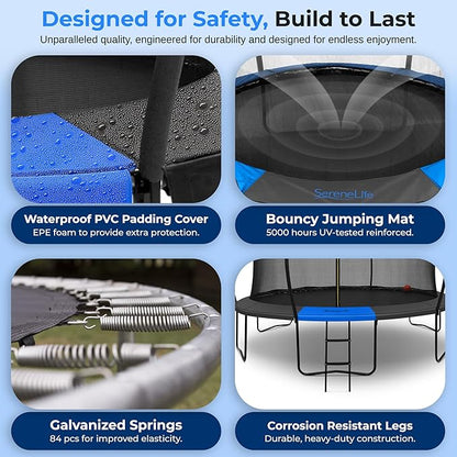 SereneLife 8FT 10FT 12FT 14FT Outdoor Trampoline for Kids - Recreational Backyard Trampoline with