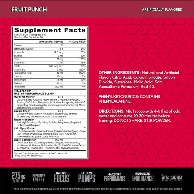 BSN N.O.-XPLODE Pre Workout Supplement with Creatine, Beta-Alanine, and Energy, Flavor: Fruit