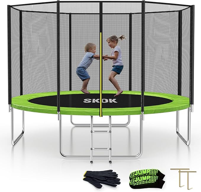 SKOK Trampoline 8FT 10FT 12FT 14FT 15FT Trampolines with Enclosure Net, 400LBS Outdoor Trampolines
