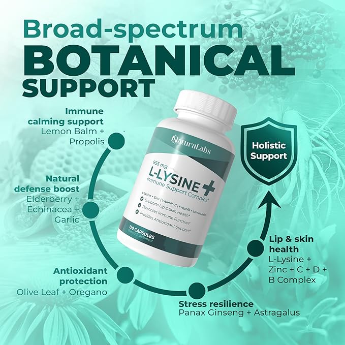 L-Lysine + Cold Sore Immune Support Supplement – with Vitamin C, Zinc, Bee Propolis, Lemon Balm &