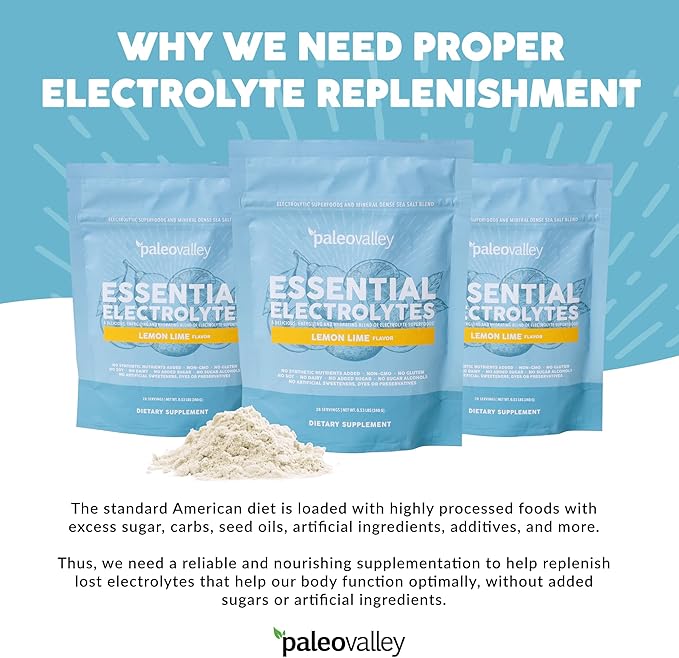 Paleovalley Essential Electrolytes Powder - Full Spectrum Lemon Lime Electrolyte Powder for
