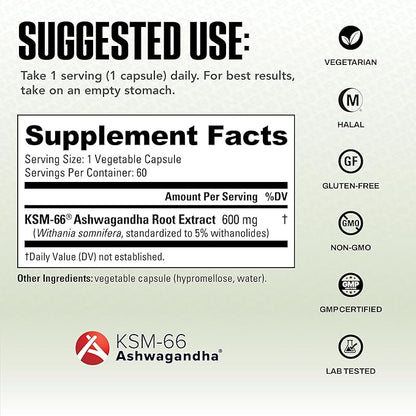 NutraBio Ashwagandha KSM-66 | Ashwaganda Herbal Supplement for Stress, Mood, & Performance | 600 MG