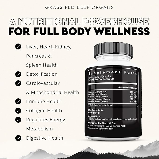 Ancestral Supplements Grass Fed Beef Organ Supplement, Supports Whole Body Wellness with