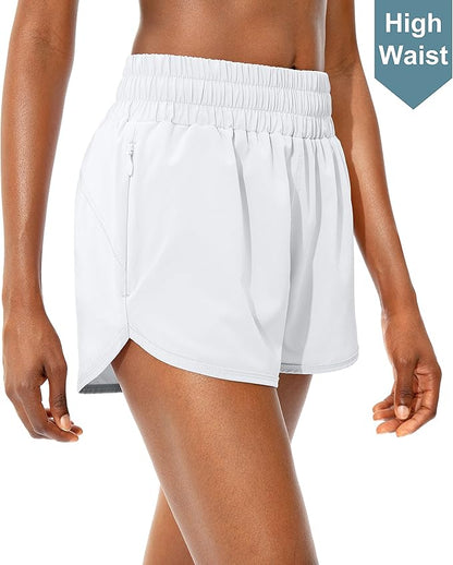 SANTINY Women's Running Shorts with Zip Pockets High Waisted Athletic Workout Gym Shorts for Women