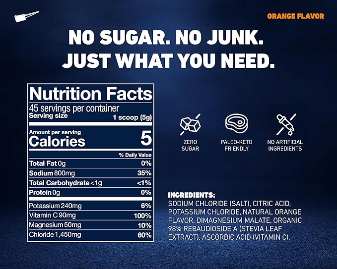 Zero Sugar Electrolyte Powder | Salty Orange Hydration | 45 Servings Bulk Jar | High Sodium