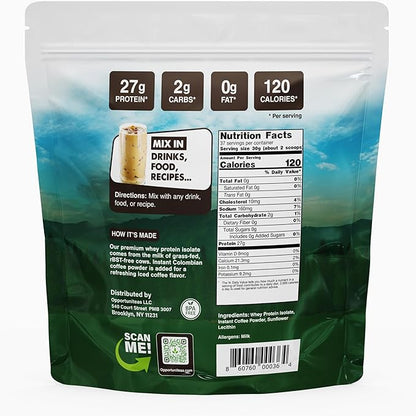 Opportuniteas Grass Fed Coffee Whey Protein Isolate Powder - 27g Protein Powder Without Artificial